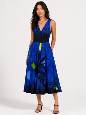 Preen by Thornton Bregazzi Blue Abstract Print Midi Dress XS
